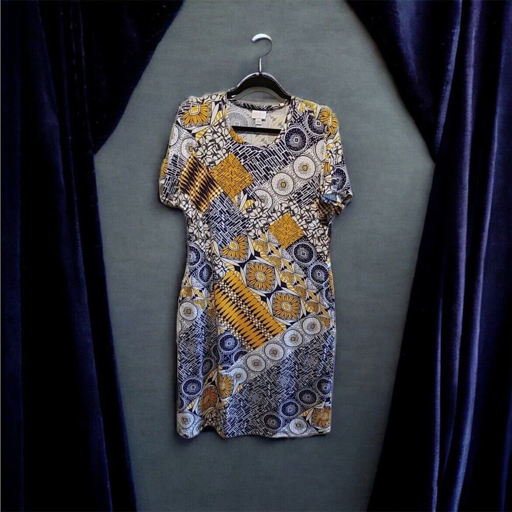 Lularoe Women's Marly Dress Size‎ Large Geometric Abstract Navy Blue White Gold
